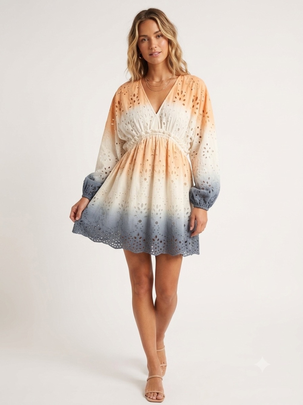 NWT ASOS Ombre Eyelet Babydoll V‑Neck Mini Dress - Blue & Cream Size 2